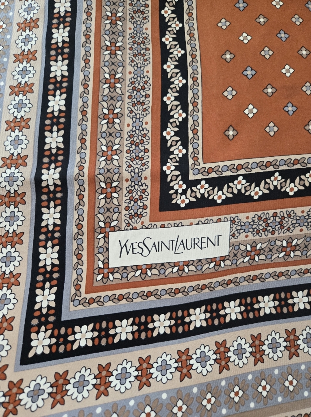 Vintage Yves Saint Laurent Black and Rust Floral Silk Scarf - Picture 3 of 6